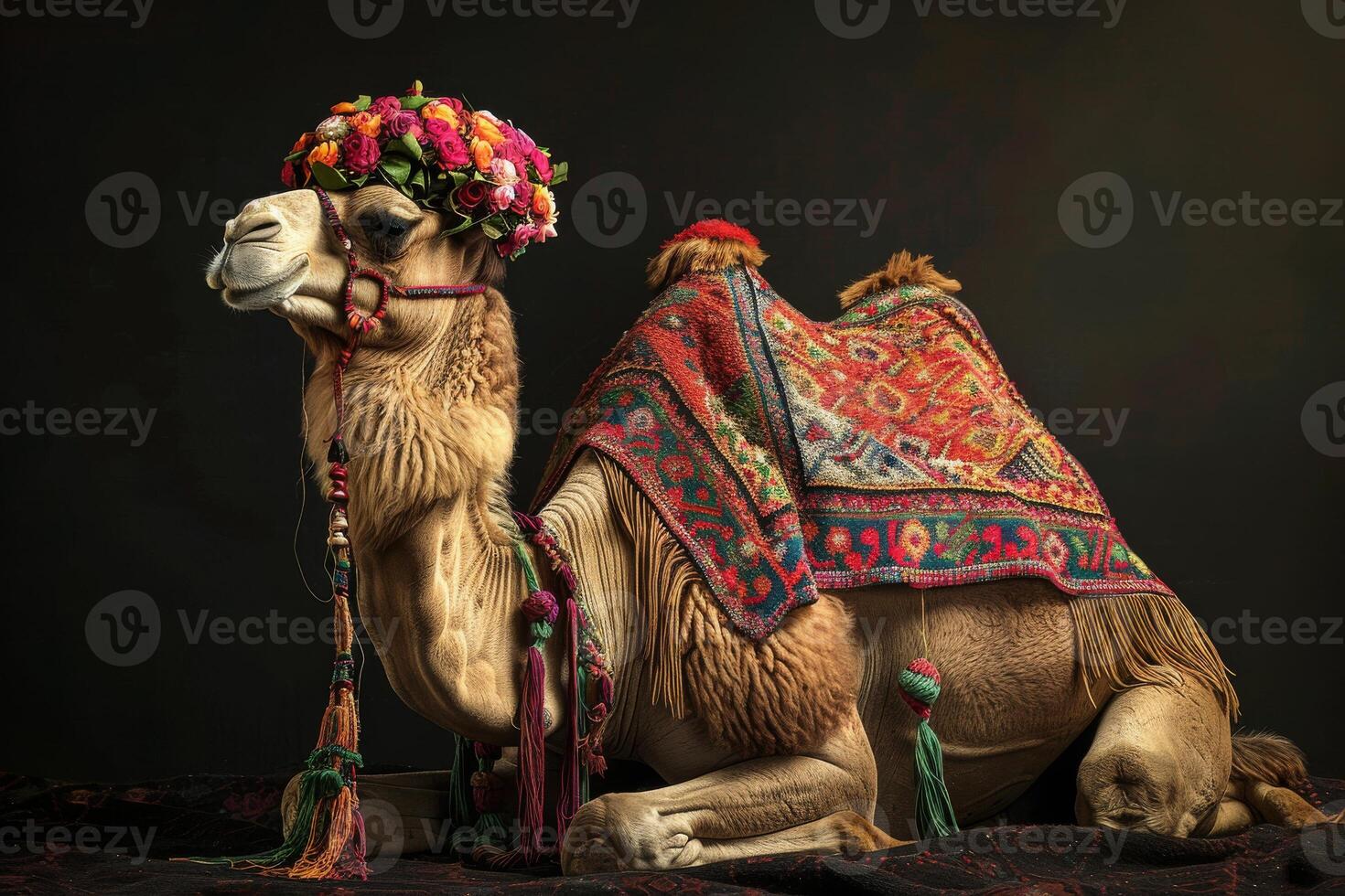 A camel with a colorful headdress sitting on a blanket photo