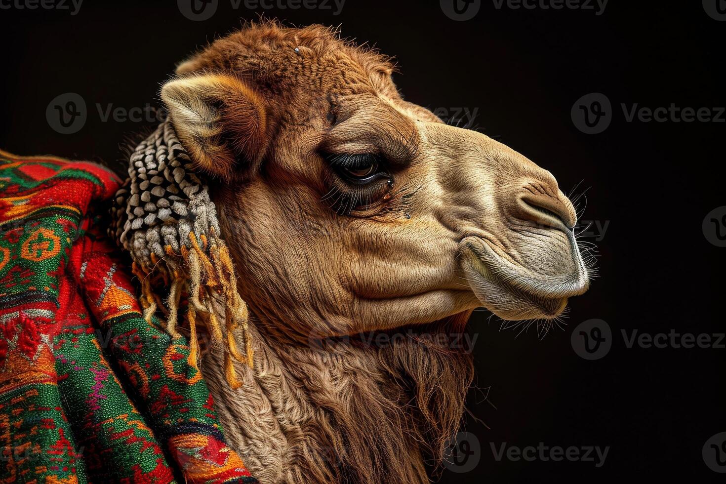 A camel with a blanket on its head photo