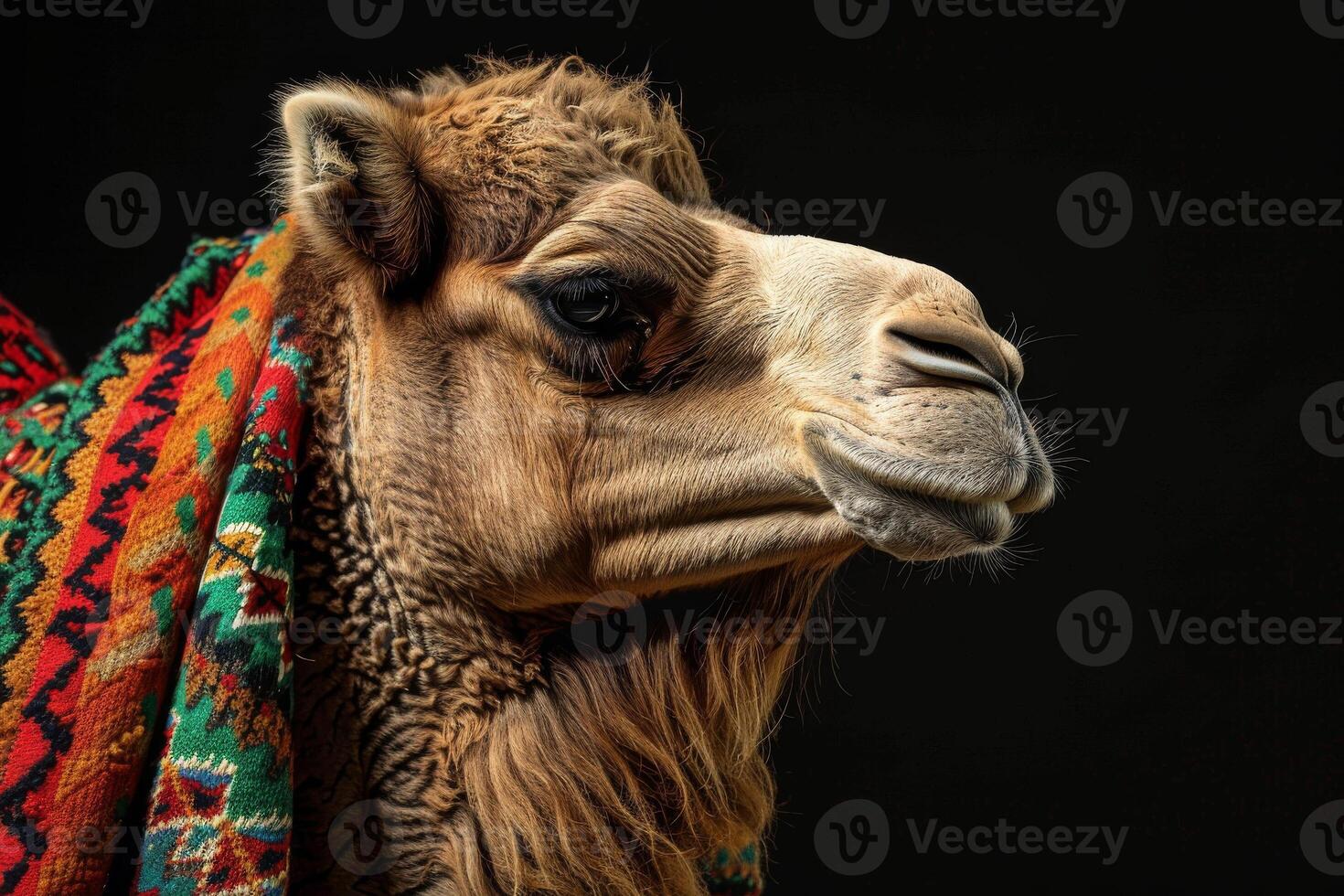 A camel with a colorful blanket on its head photo