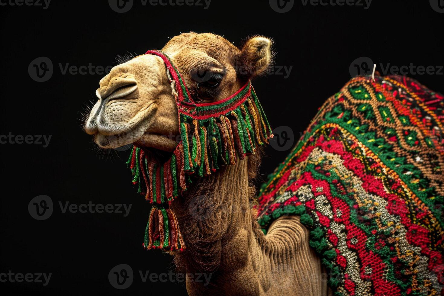 A camel with a colorful blanket on its back photo