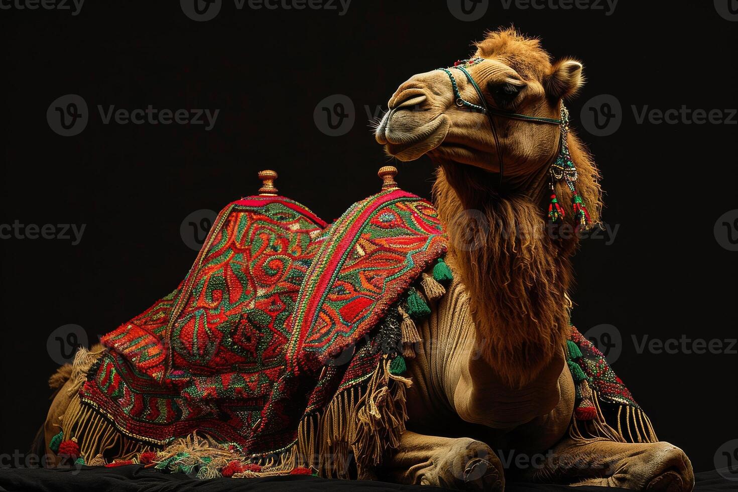 A camel with a blanket on it's back photo