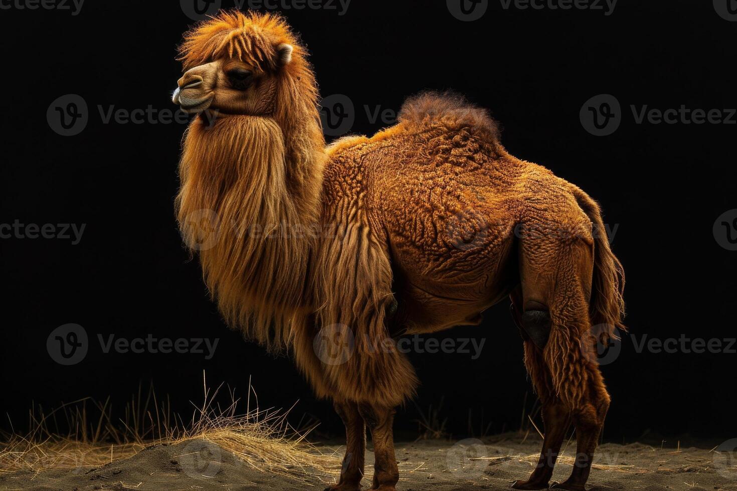 A camel standing in the dark on a black background photo