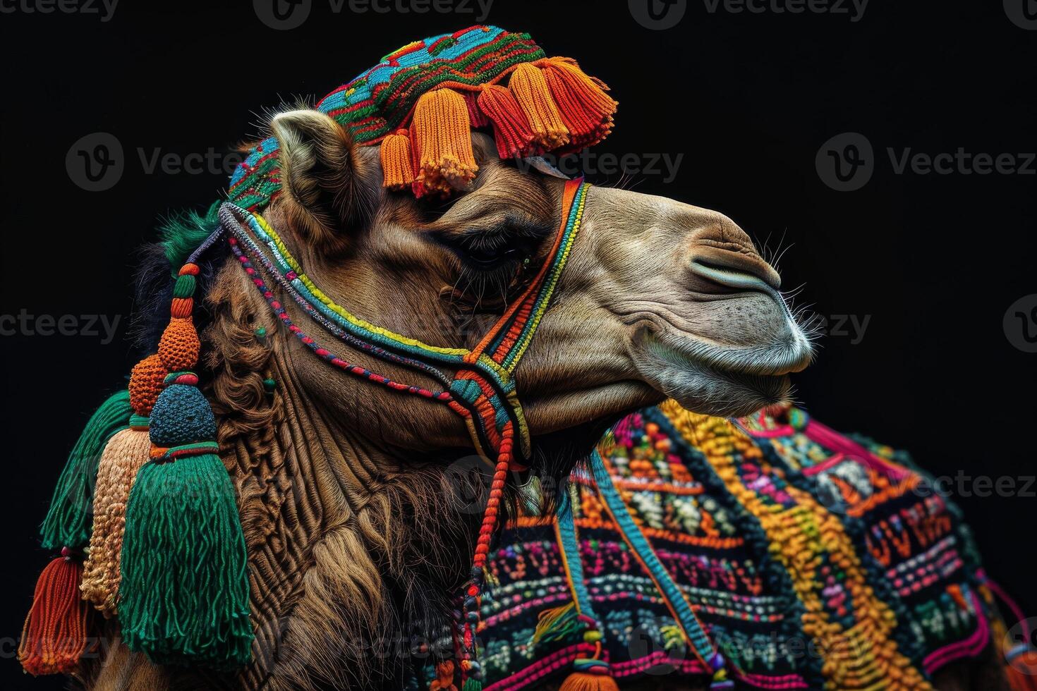 A camel with colorful headgear and tassels photo