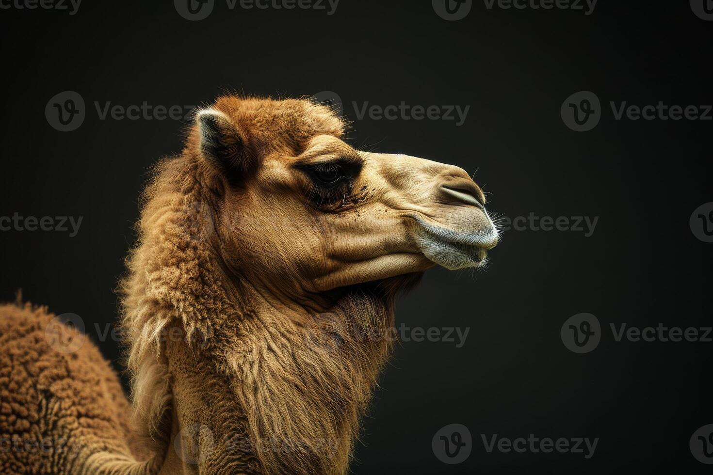 A camel is standing in front of a black background photo