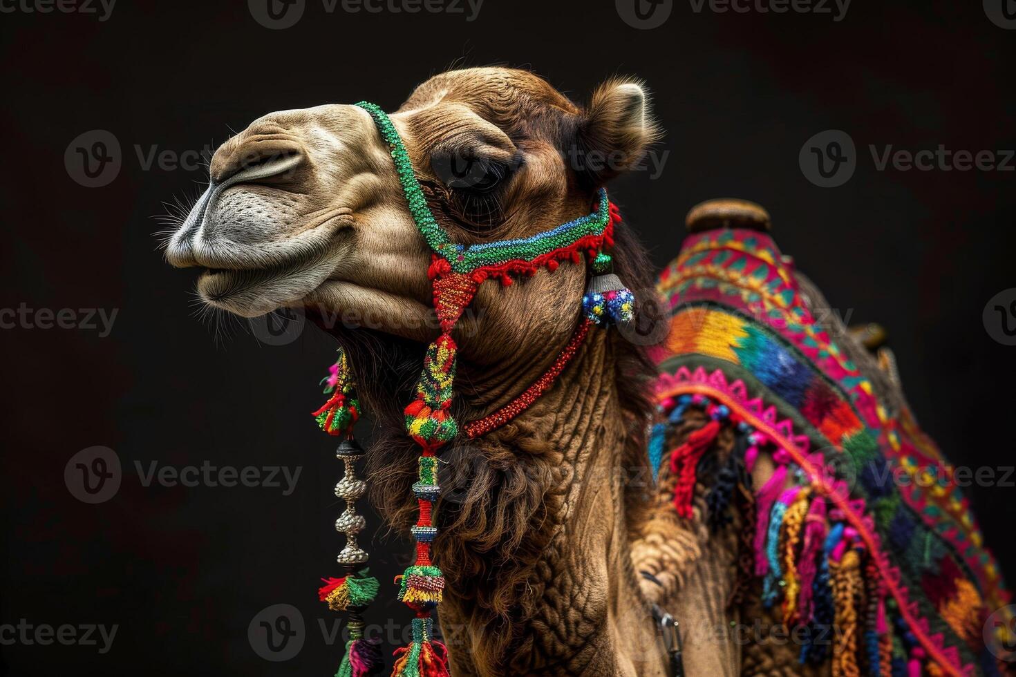 A camel with colorful headgear and a black background photo