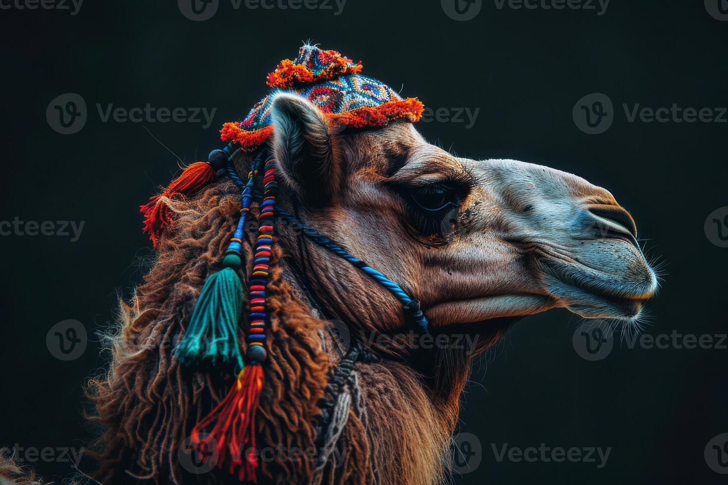 A camel with a colorful headdress photo
