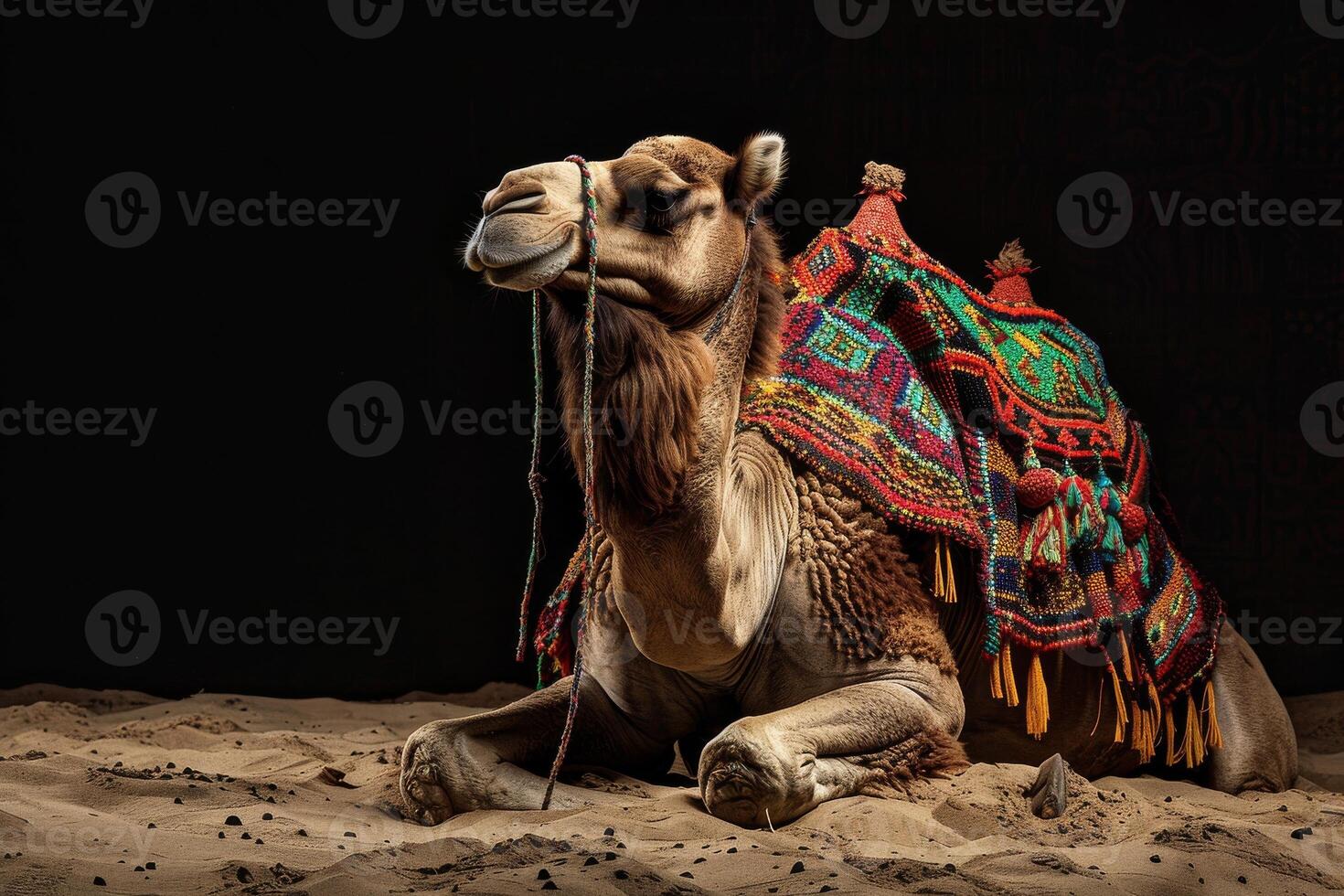 A camel with a colorful saddle sitting in the sand photo