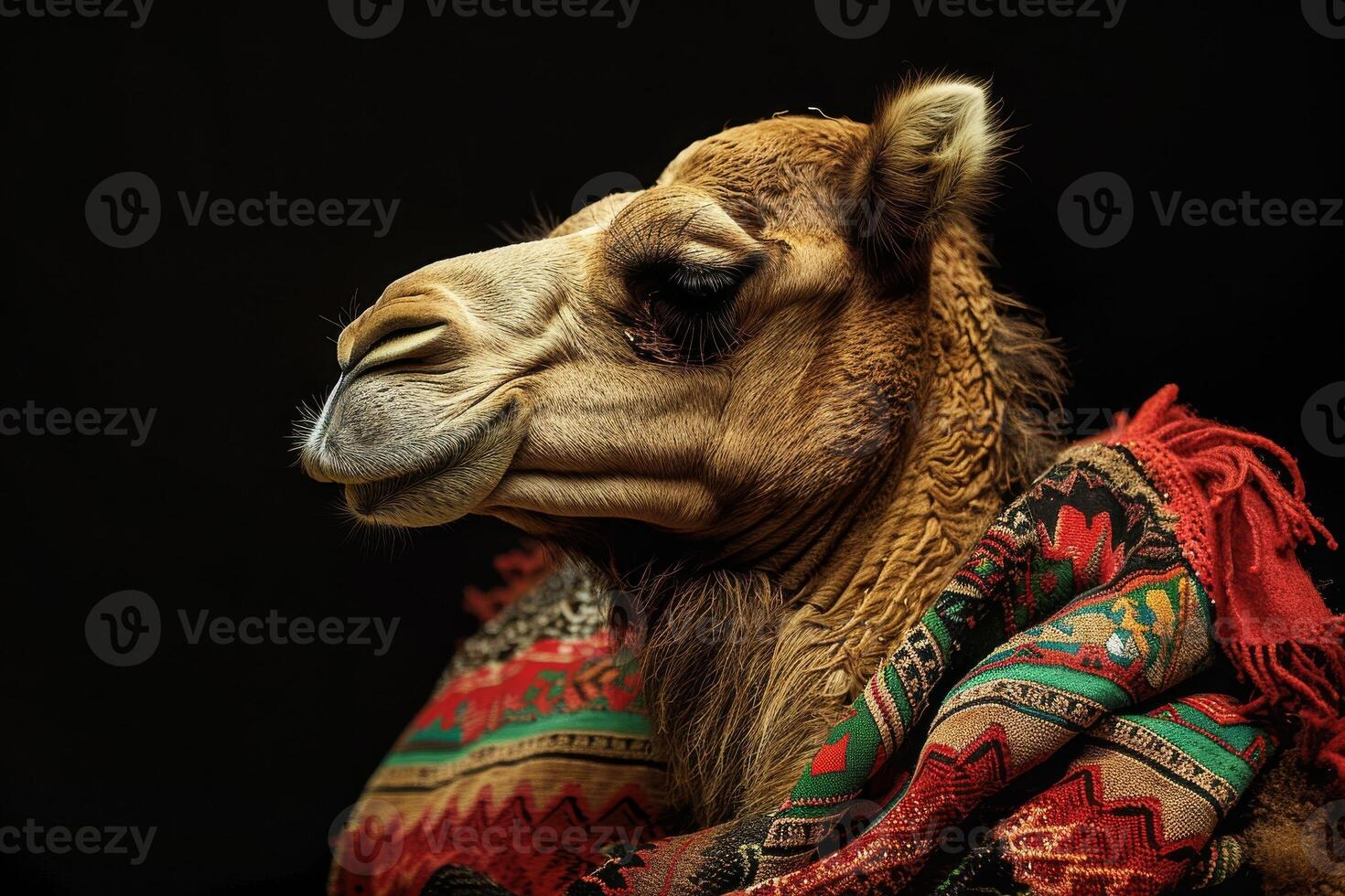 A camel with a blanket on its head photo