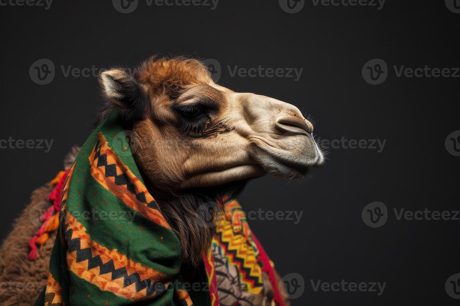 A camel wearing a colorful scarf on a black background photo
