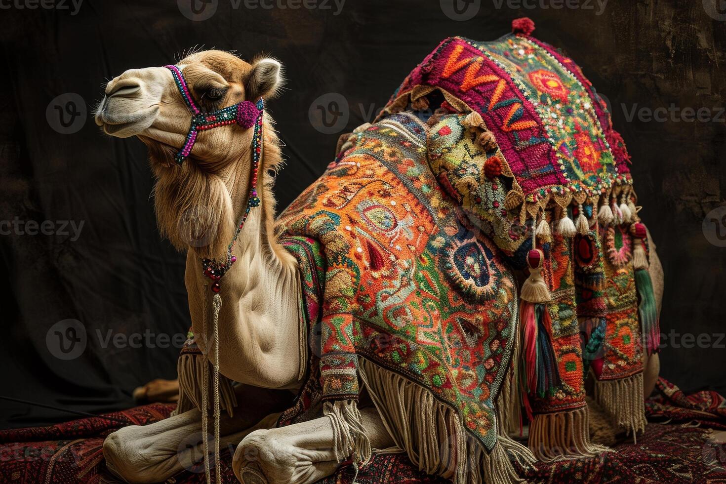A camel with a colorful blanket on it photo