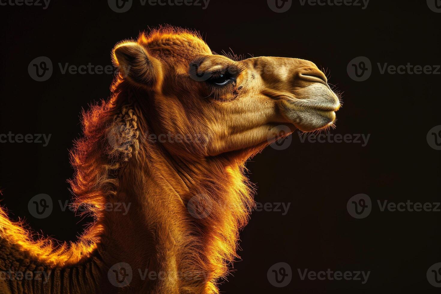 A camel is standing in front of a black background photo