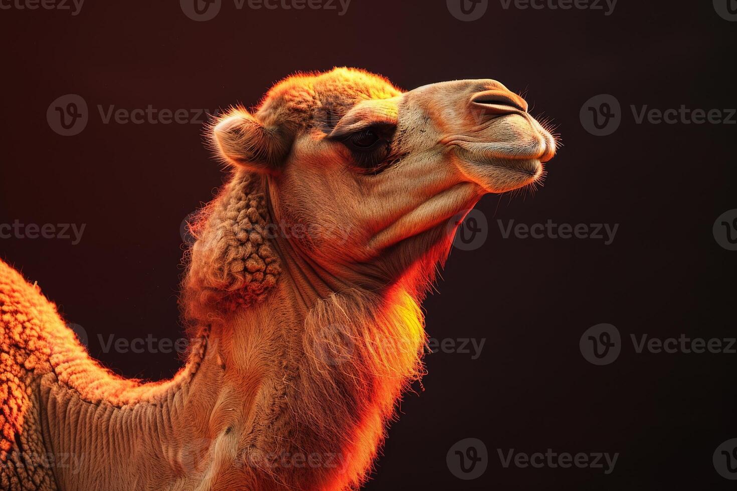 A camel is standing in front of a dark background photo