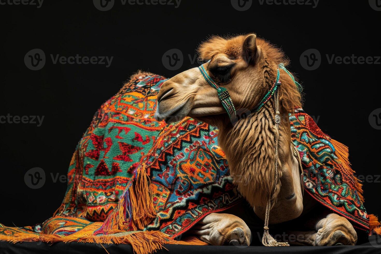 A camel with a blanket on it's back photo