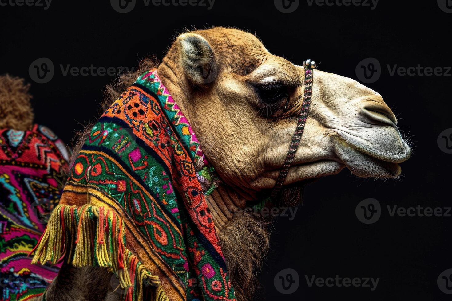 A camel with a colorful scarf on its head photo