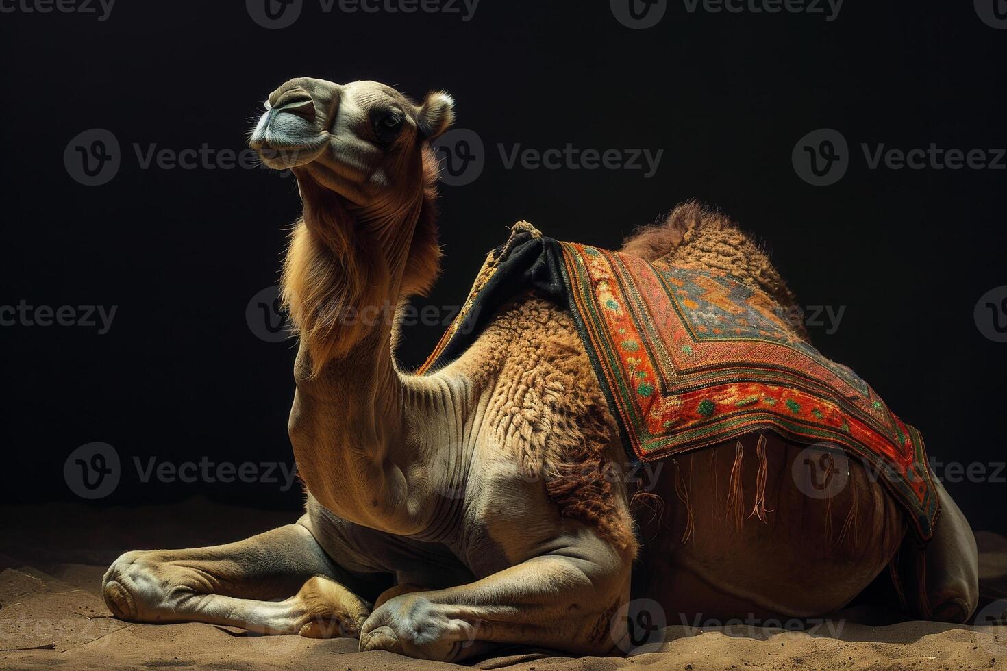 A camel with a blanket on its back photo