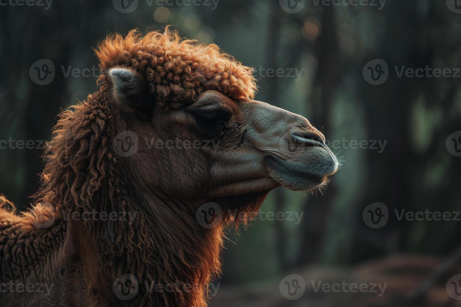 A close up of a camel in the woods photo