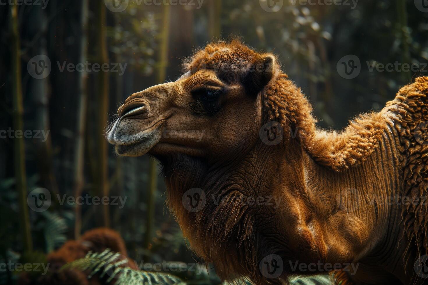 A camel in the jungle with trees and grass photo