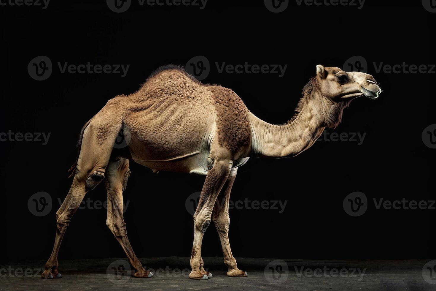 A camel standing in front of a black background photo
