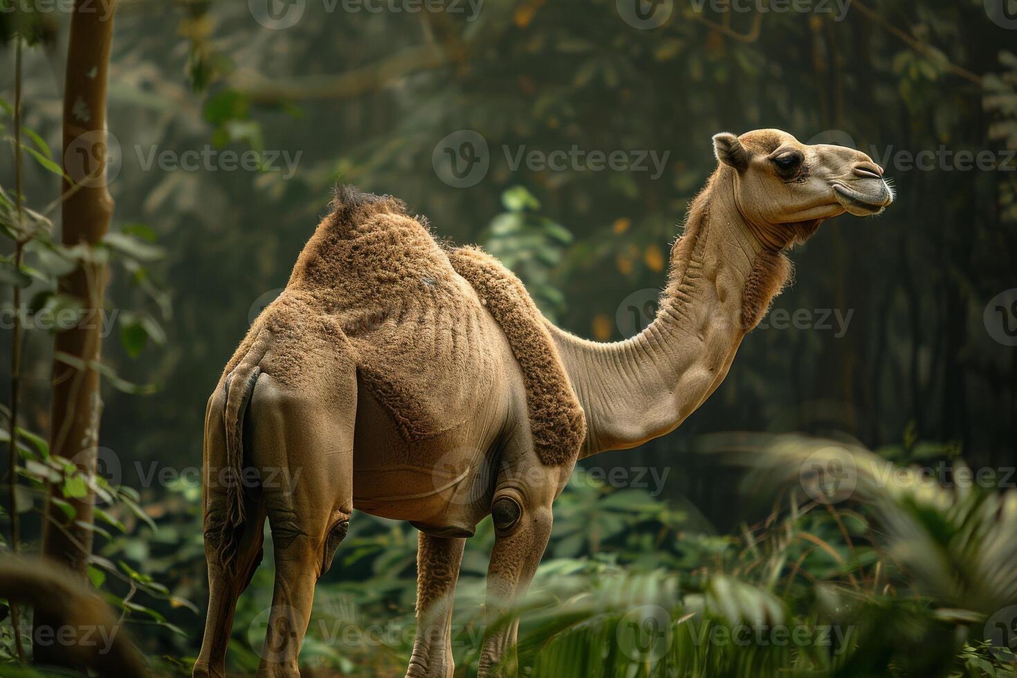 A camel standing in the middle of a forest photo