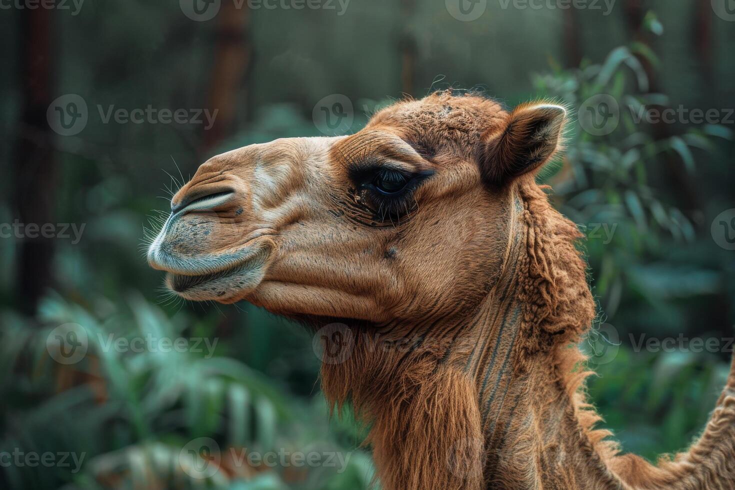A close up of a camel in the woods photo