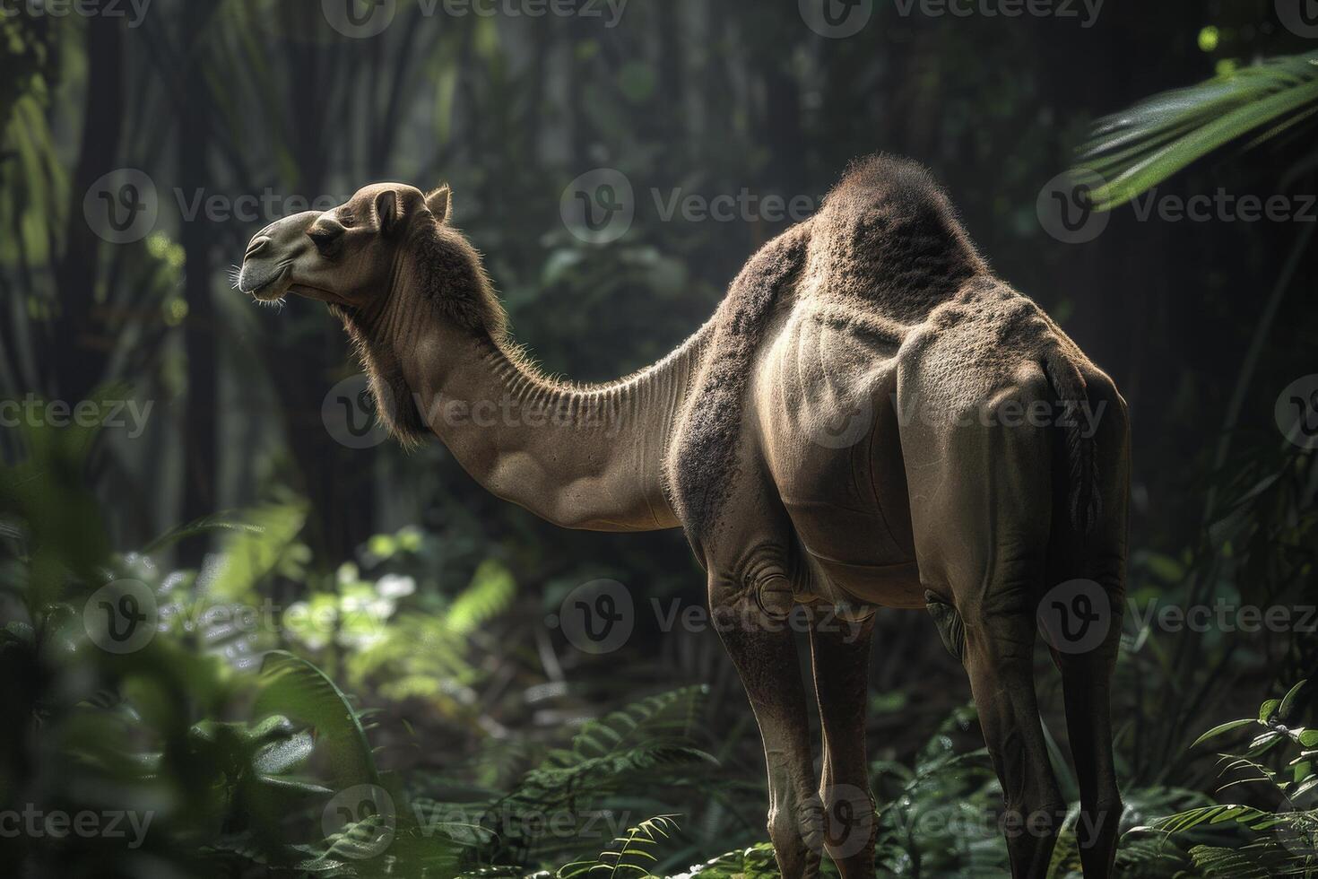 A camel standing in the middle of a jungle photo