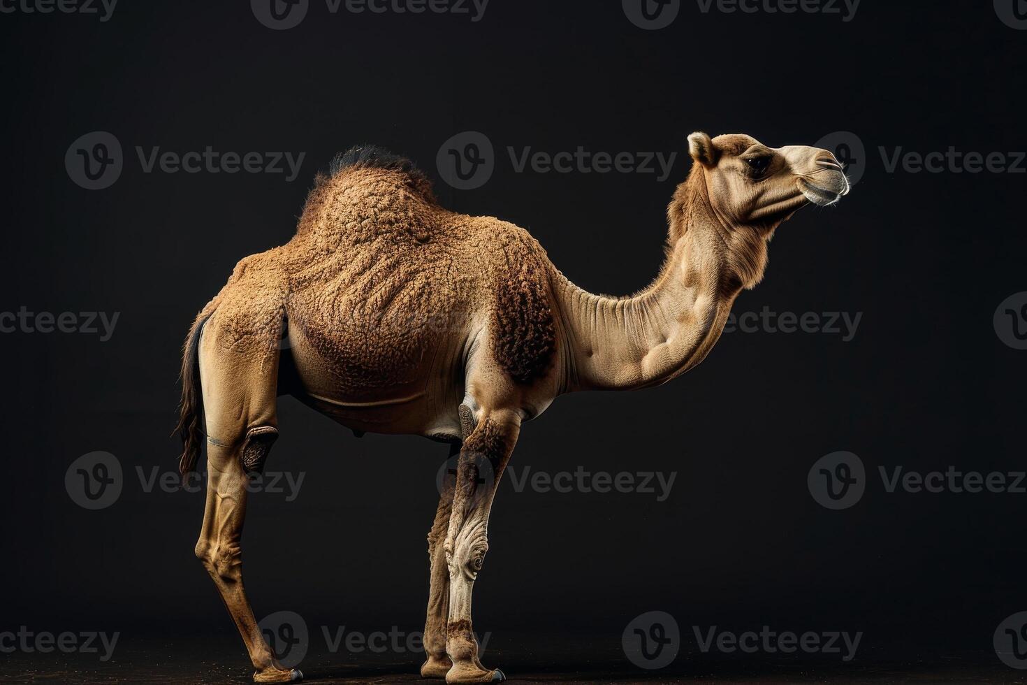 A camel is standing in front of a black background photo