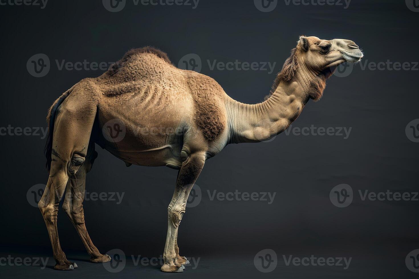 A camel is standing in front of a black background photo