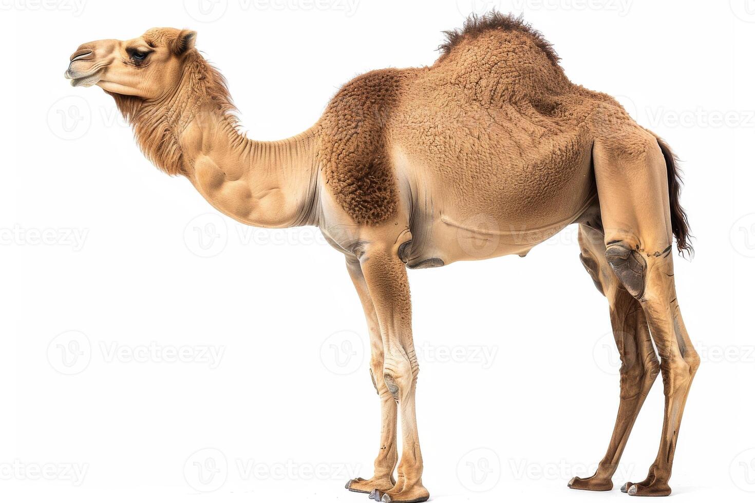 A camel is standing in front of a white background photo