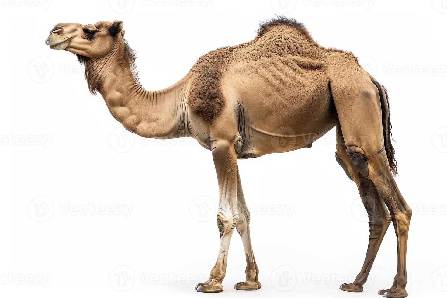 A camel is standing in front of a white background photo