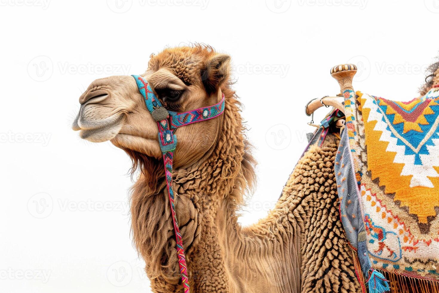 A camel with a colorful saddle on its back photo