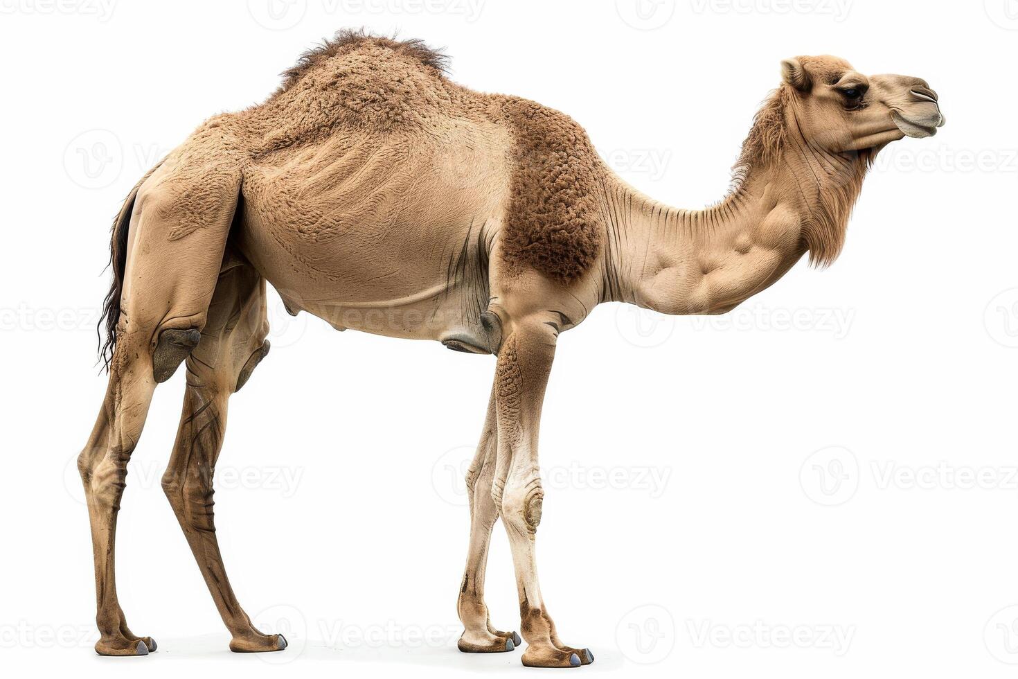 A camel is standing in front of a white background photo