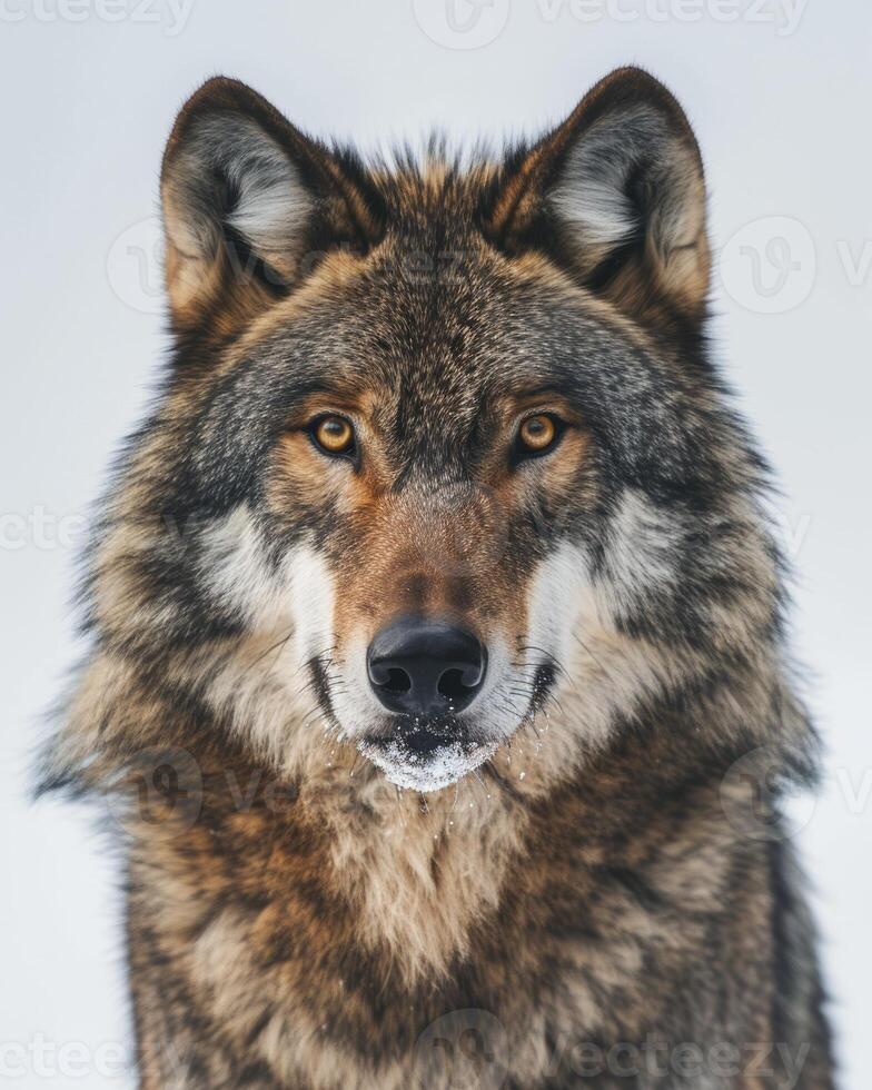 A wolf is looking at the camera in a snowy background photo