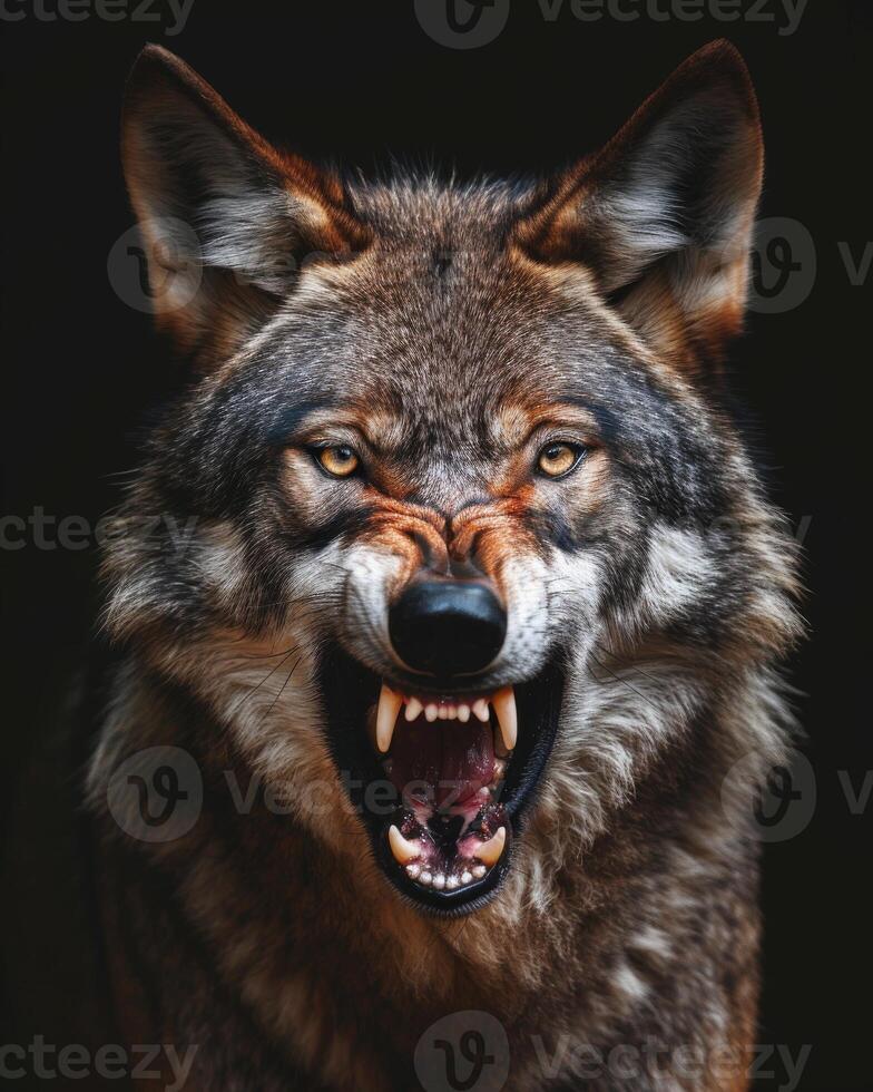 An angry wolf with its mouth open photo