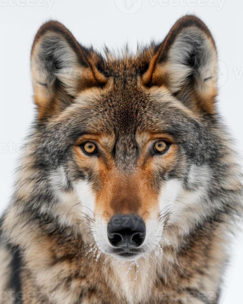 A close up of a wolf looking at the camera photo