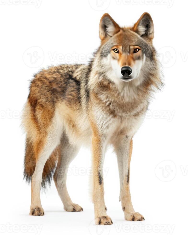 A wolf standing in front of a white background photo