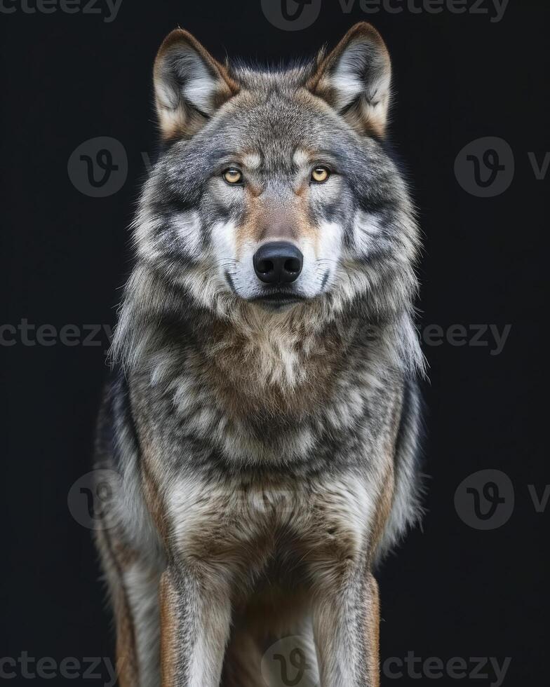 A wolf is standing in front of a black background photo
