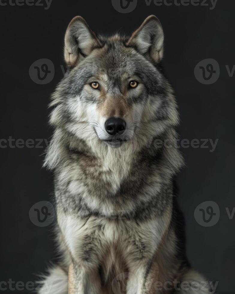 A wolf is sitting in front of a black background photo