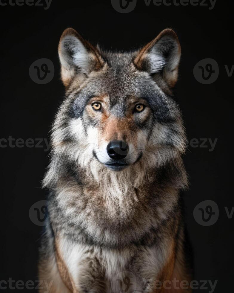 A wolf is looking at the camera in front of a black background photo
