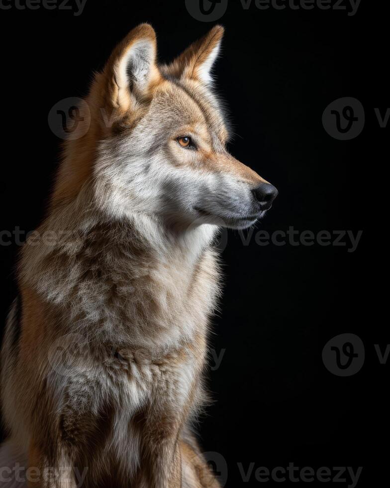 A wolf is sitting in front of a black background photo