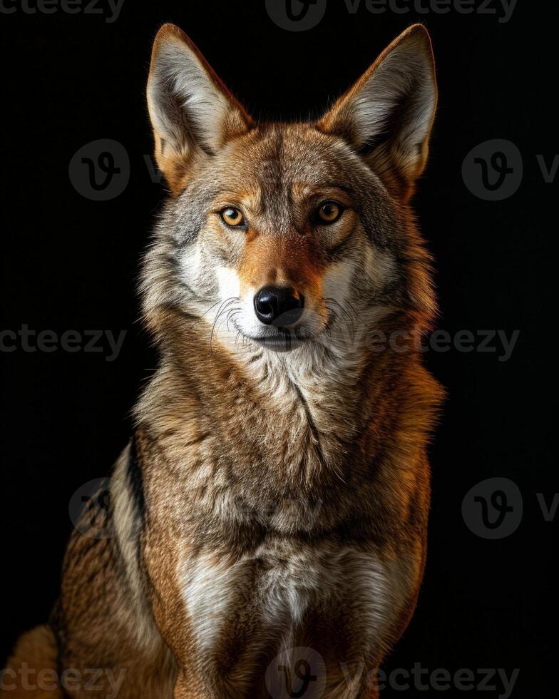 A coyote is sitting in front of a black background photo