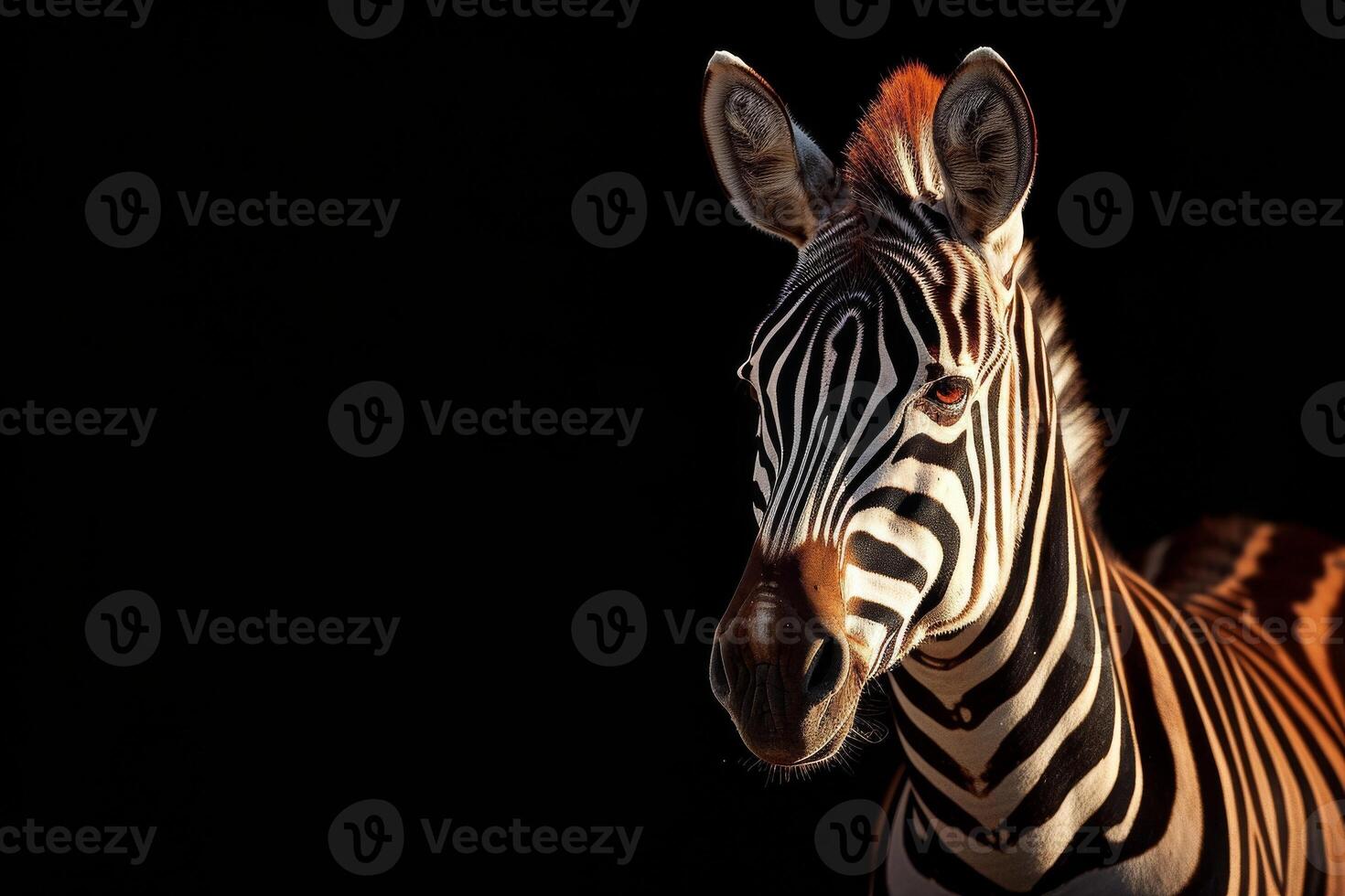 A zebra is standing in front of a black background photo