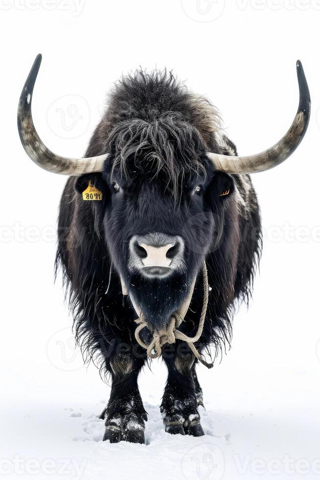 Yak in the snow, isolated on white background photo