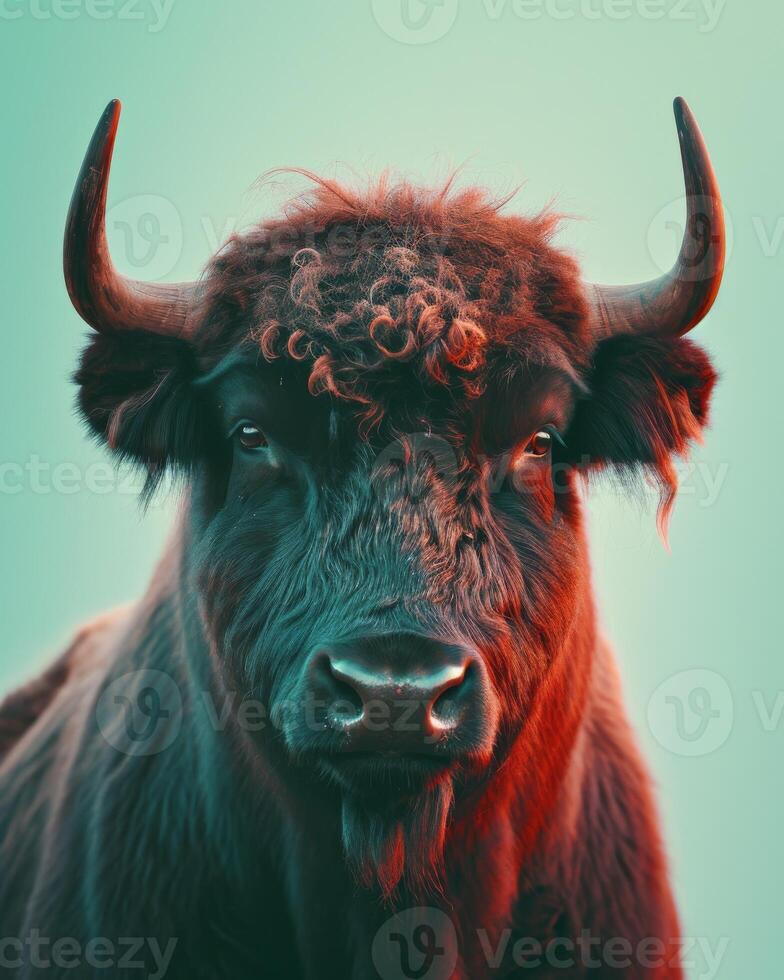 A close up of a bull with horns photo