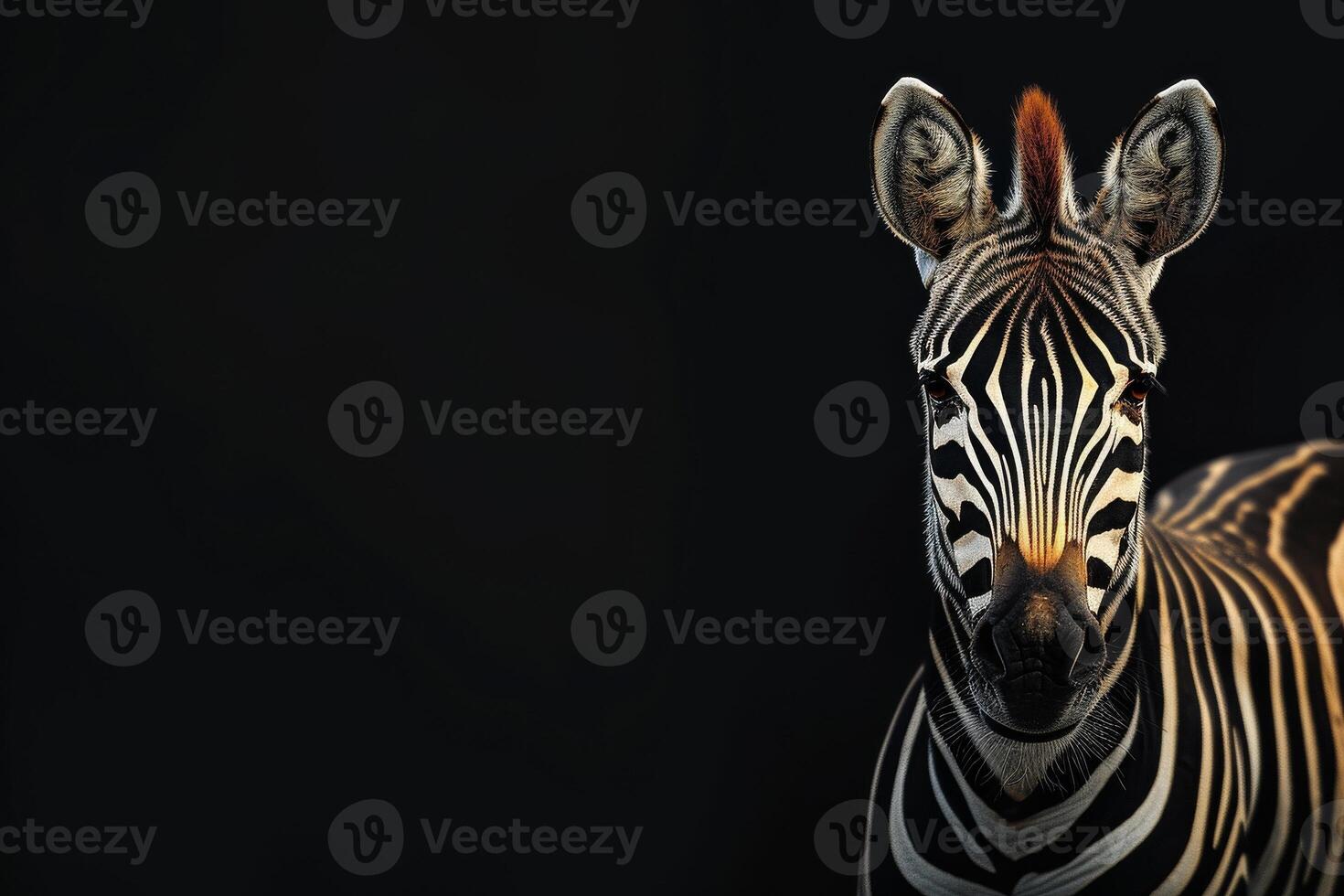 A zebra is standing in front of a black background photo