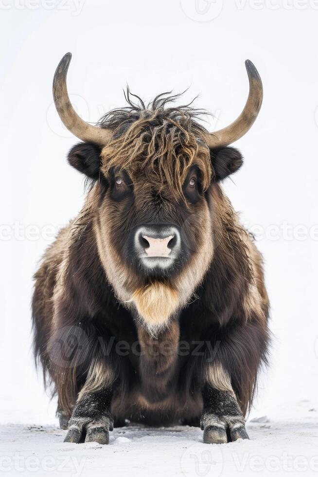 A yak is sitting in the snow photo