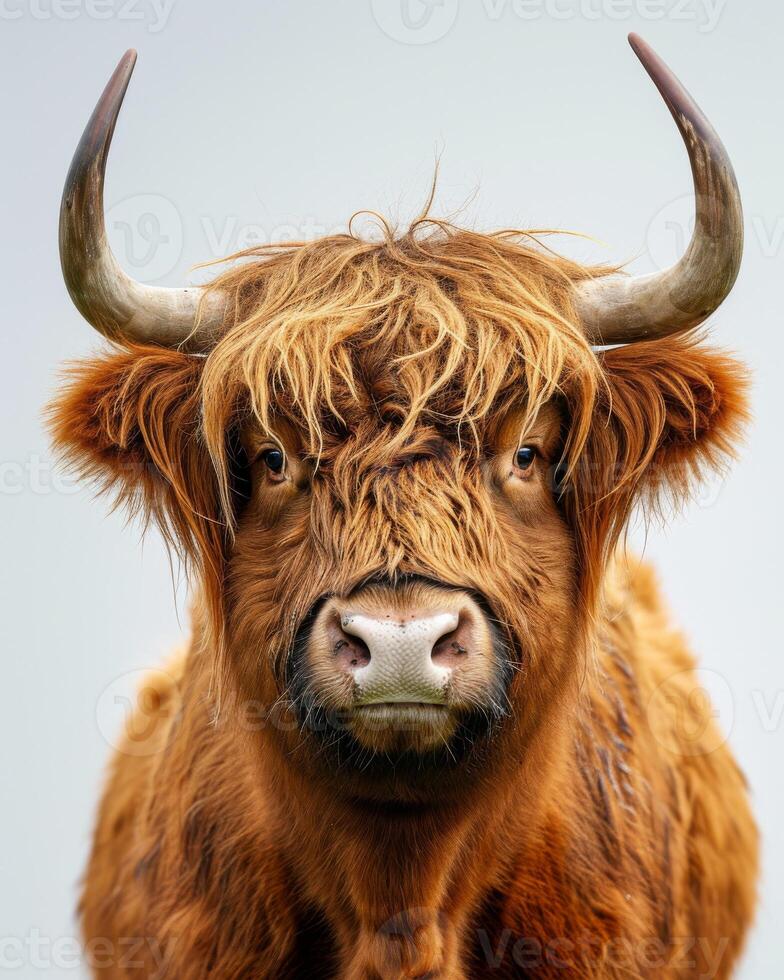 A brown cow with long horns on a gray background photo