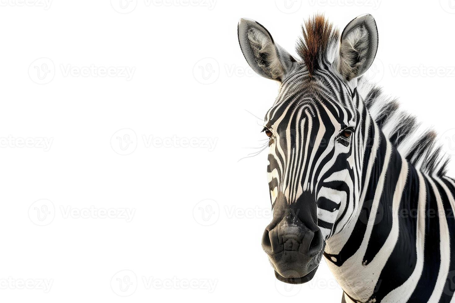 A zebra is standing in front of a white background photo