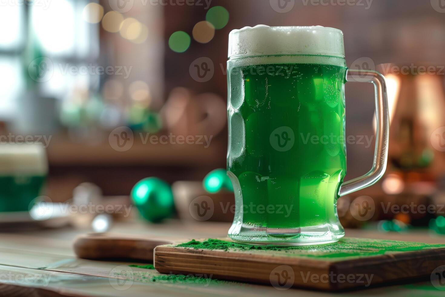 A green beer is sitting on a wooden table photo