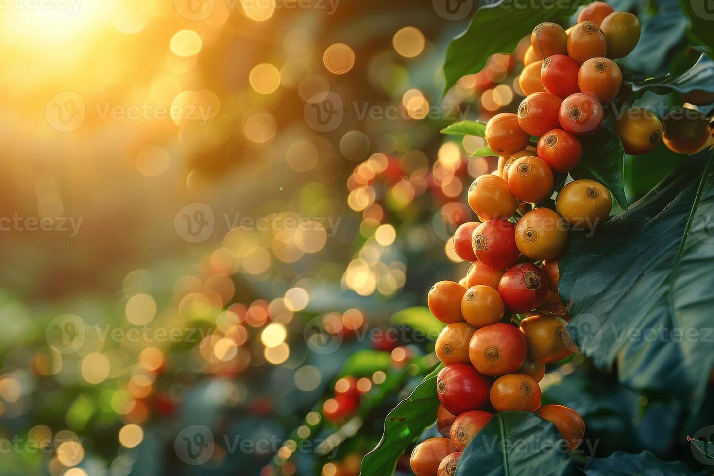 Coffee beans on the tree with sunlight shining through photo