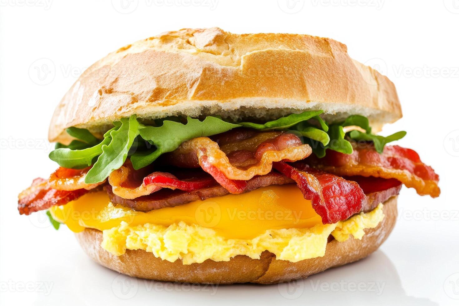 A close up of a breakfast sandwich with bacon, eggs, and cheese photo